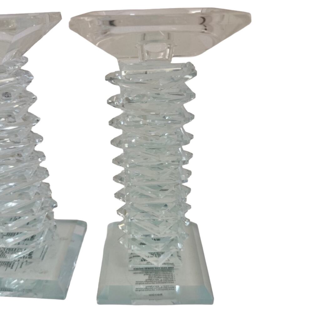 Clear Crystal Glass Stacked Faceted Tall Candle Holders Pair 8 Inch Votive Heavy - Picture 2 of 7